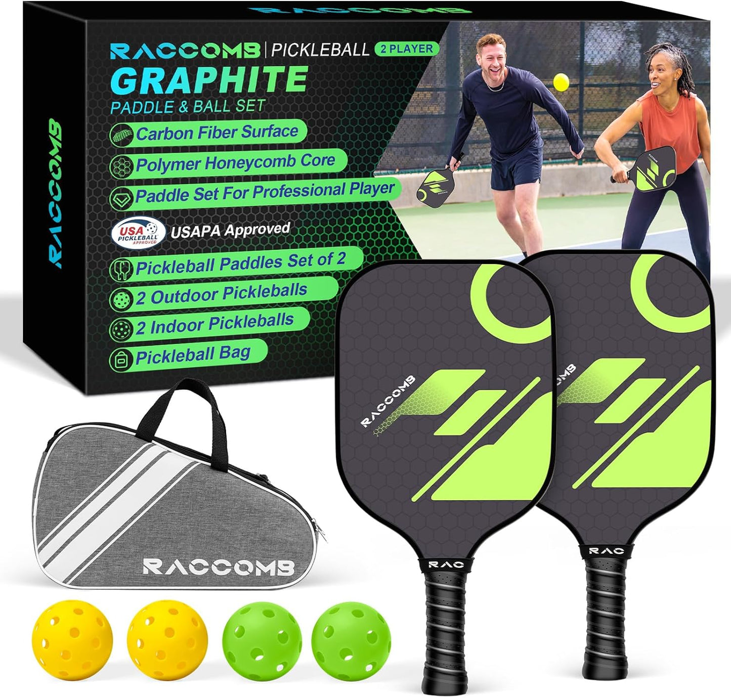 Carbon Fiber Pickleball Paddles - Graphite Pickleball Paddles Set of 2, Polymer Honeycomb Core,USAPA Approved,Anti-Slip Sweat-Absorbing Grip, Professioner Paddle Ball Set for Pickleball Players