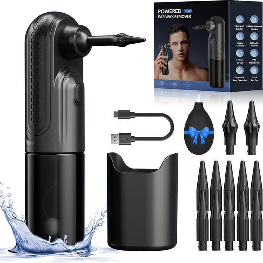 Ear Wax Removal Cleaning Kit - The Water Powered Ear Cleaner with 12 Reusable Replacement Tips - 4 Modes - Safe & Effective for Ear Wax Buildup - Electric Ear Wax Removal Kit