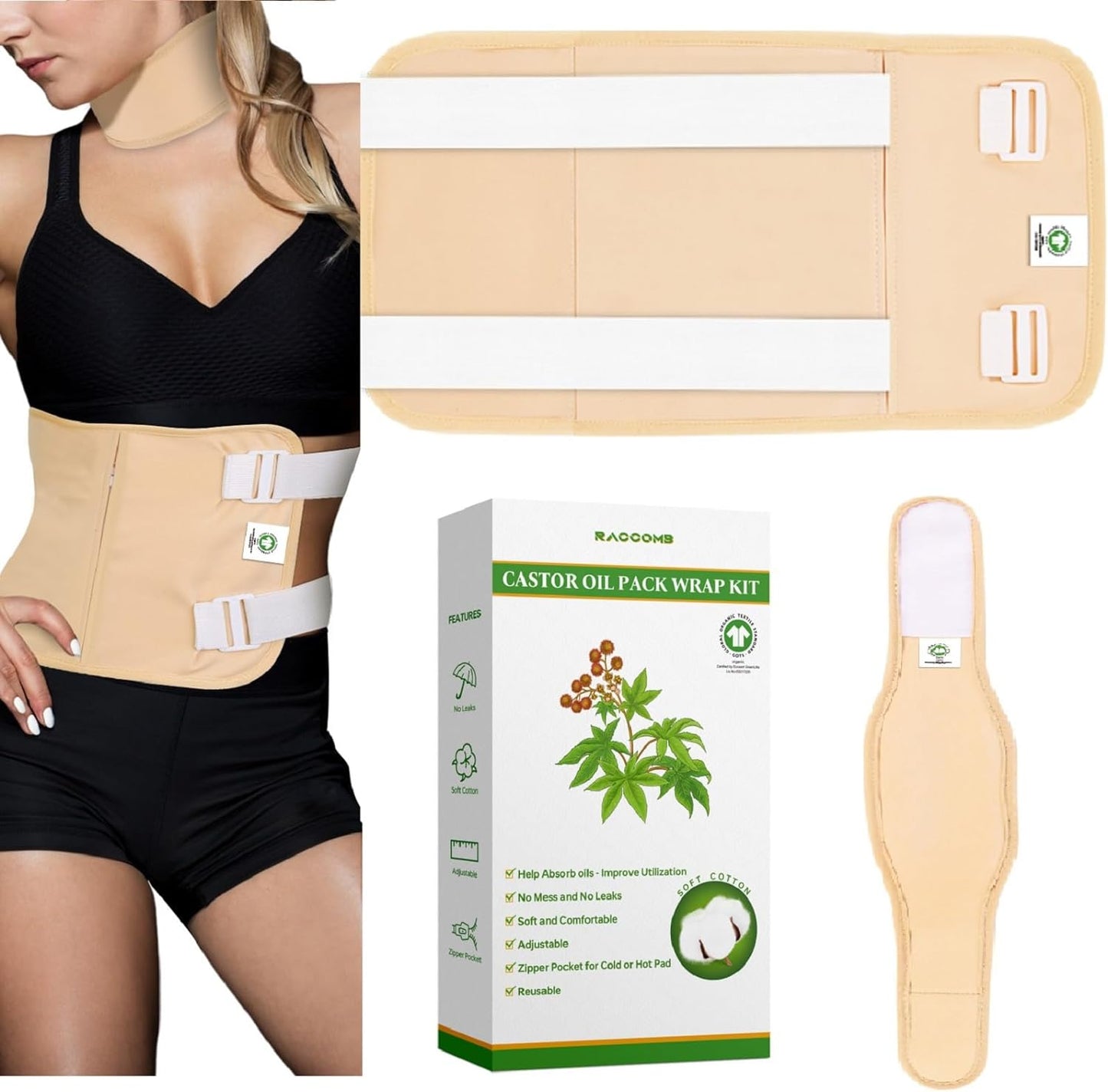 Raccomb Castor Oil Pack Wrap Organic Cotton - Castor Oil Body Wraps Organic for Neck Waist, Adjustable Reusable Organic Castor Oil Compress Packs Kit for Women 2PCs (Light Brown)