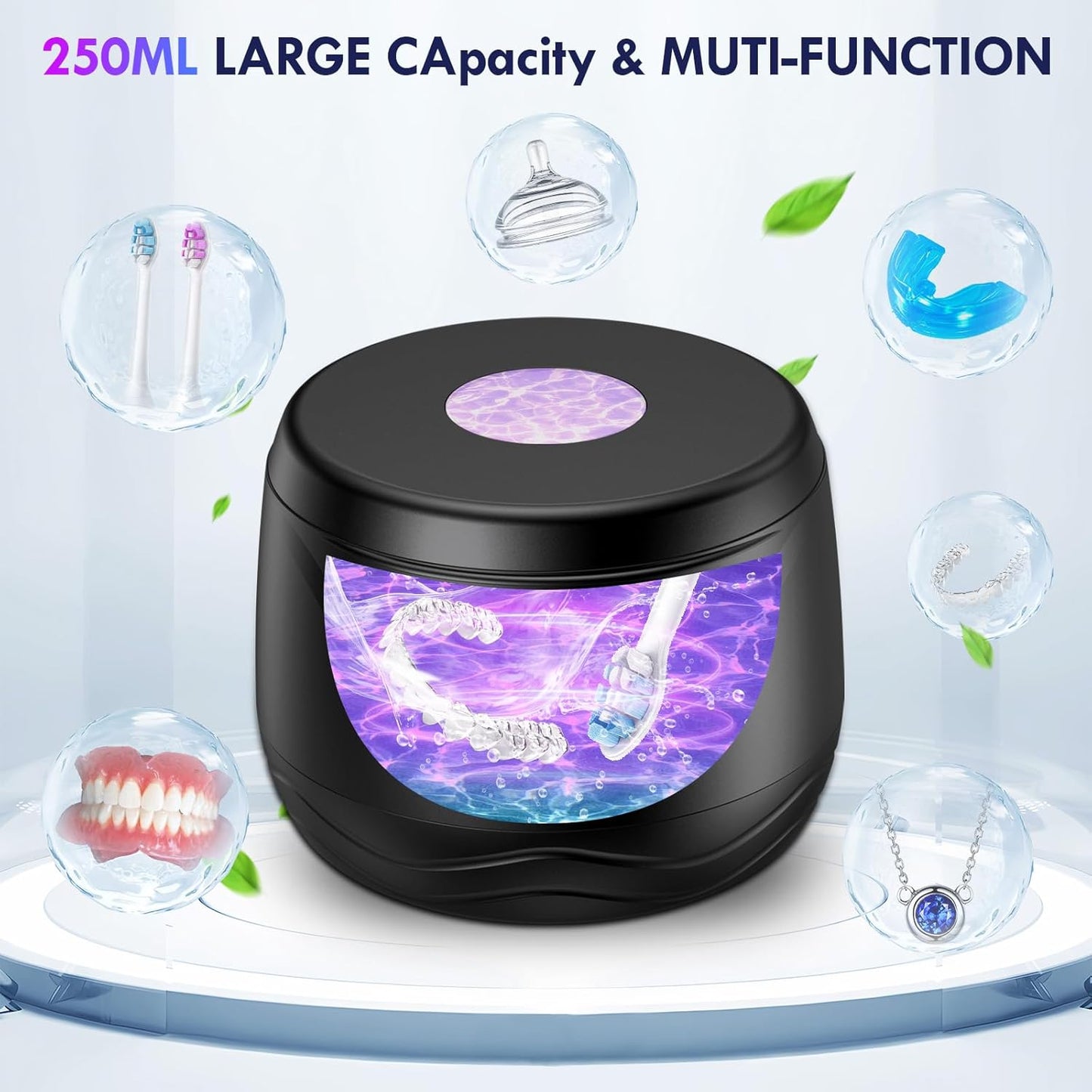 Ultrasonic Retainer Cleaner - Raccomb 250ML/45kHz Ultrasonic Dental Cleaning Machine for Dentures, Aligner, Night Guard and Mouthguard, 6 LED Lights Ultrasonic Cleaner Machine for Dental Appliances